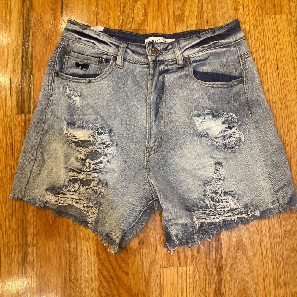 💜 5 for &25 or 3 for $18 Almost Famous medium wash destroyed denim shorts